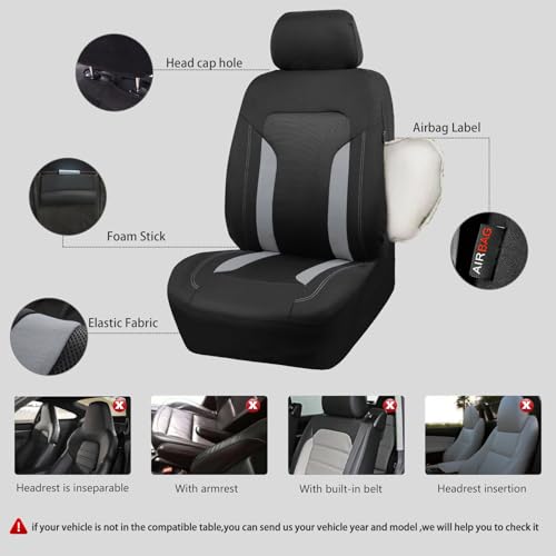 CAR PASS 3D Air Mesh Car Seat Covers Front Seats Low Back Bucket, Breathable Sporty Mesh in Summer Airbag Compatible Universal Fit 95% Automotive SUV,Truck,Sedan Interior Protector, Black Gray 2PCS