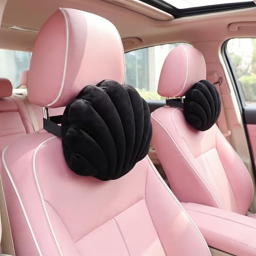 2 Pcs Feeling Cute Plush Seashell Car Headrest Pillow Kawaii Lumbar Support Pillow Soft Sea Shell Car Seat Support Cushion for Drive Travel Pain Relief Home Office Accessories Summer Decor (Black) - color: Black