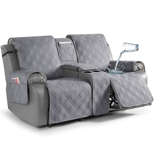 TAOCOCO Loveseat Recliner Cover with Center Console, 100% Waterproof Pet Covers for Dual Recliner with Straps Design, Split Reclining Loveseat Cover Furniture Pet&Kids Protector (2 Seater, Gray) - color: Grey, size: 2 Seater