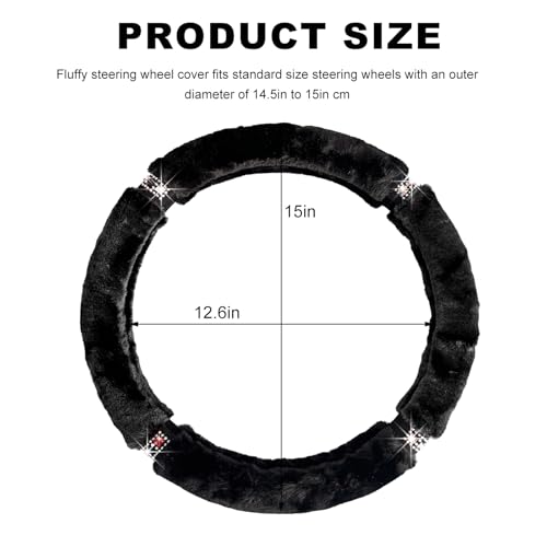 Diamond Fluffy Steering Wheel Cover, 15 Inch Bling Crystal Rhinestones Steering Wheel Protector, Winter Warm Universal Steering Wheel Pad for Women Girls, Car Accessories (Black) - color: Black