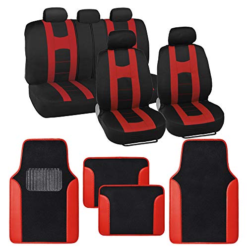 carXS Forza Series Red Covers Full Set Combo with Car Floor Mats – Front and Rear Bench Seat & Floor Protector , Interior Covers for Auto Truck Van SUV - color: Red