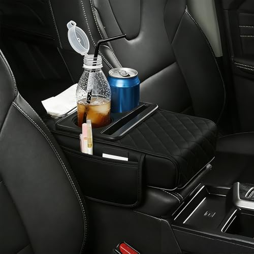 Center Console Holster,Arm Rest Cover for Car,Multifunctional PU Leather Car Armrest Box Mat,5-in-1 Car Armrest Cover with Cup Holder(Black)