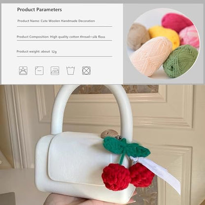 Cute Cherry Car Mirror Hanger - Crochet Hand Knitted Rear View Mirror Accessory - color: Cherry
