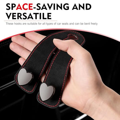 2 PCS Car Seat Hooks, Suede Heart-Shaped Double Hooks Headrest Organizer, Heavy-Duty Multi-Functional Auto Back Seat Phone Holder, Universal for Most Cars (Black)