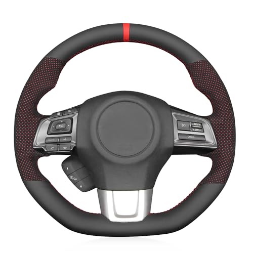 MEWANT Hand Stitched Steering Wheel Cover Wrap for Subaru WRX 2015-2021 / WRX STI 2015-2021 Steering Wheel Accessories - color: Perforated Black Alcantara with Red Layer&Leather
