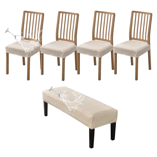 CRFATOP Waterproof Dining Room Chairs Seat Covers Set of 4 with Stretch Bench Slipcover Jacquard Kitchen Chair Slipcover Washable Seat Cushion Slipcover for Hotel Banquet Wedding Party, Beige - color: 03 Jacquard Beige
