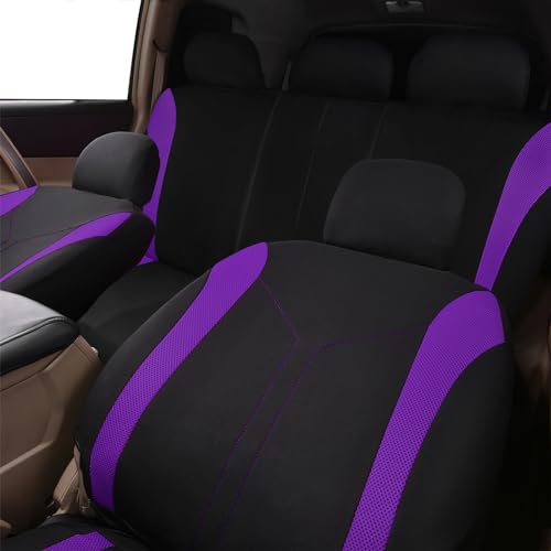 Flying Banner Car Seat Covers Full Set Front Seats and Rear Bench Mesh Fabric Splicing Polyester Cover Black with Purple Color