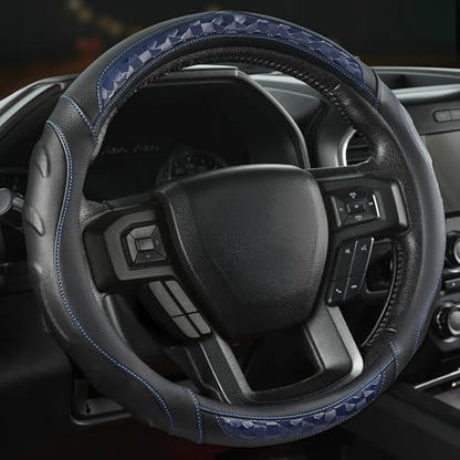 Black Seal Custom-Fit Steering Wheel Cover for Ford F-150, F-250, F-350, Expedition, 15.5–16", Anti-Slip PU Leather (Black+Blue) - color: Black+Blue