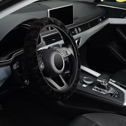 Tianmei Soft Faux Wool Winter Car Stretch-On Steering Wheel Cover (Diameter 13.7in-15.7in,Plush Black) - color: Plush Black - Diameter 13.7in-15.7in