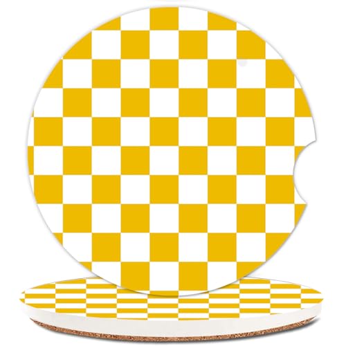 2 Pack Absorbent Car Coasters for Cup Holders,Ceramic Coasters with Cork Back and Finger Slot,2.56" Cupholder Accessories to Keep Your Car Cup Holders Clean and Dry(Yellow Checkerboard) - color: Yellow Checkerboard
