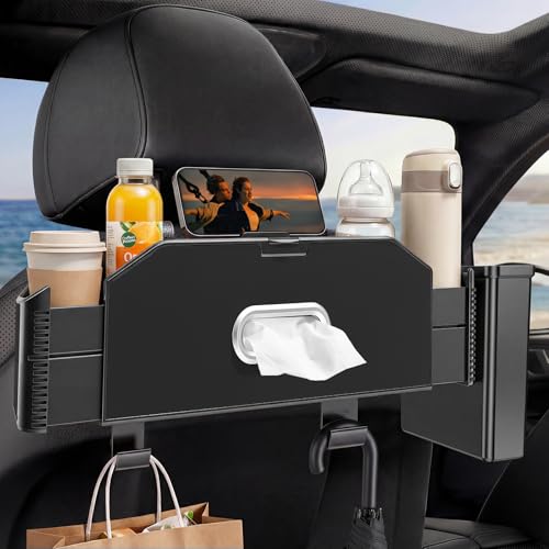 5-in-1 Back Seat Car Organizer and Storage with Extendable Cup Holder, Tissue Holder, Phone Holder, Hanging Hooks, Trash Bin, Back of Seat Car Headrest Organization Accessories for Women Man - color: Black