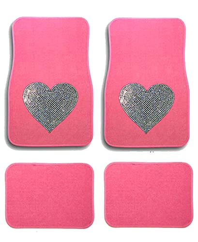 Universal Fit Front/Rear 4 Piece Full Set Heart Shiny Bling Sequins Design Studded Pink Carpet Car Truck Floor Mats (White Heart-Pink) - color: White Heart-Pink