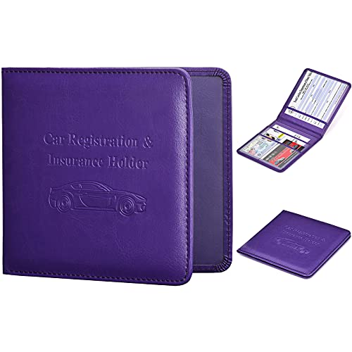 HerriaT Car Registration and Insurance Card Holder - Leather Vehicle Glove Box Automobile Documents Paperwork Wallet Case Organizer for ID, Driver's License, Key Contact Information Cards - Men&Women - color: compact purple