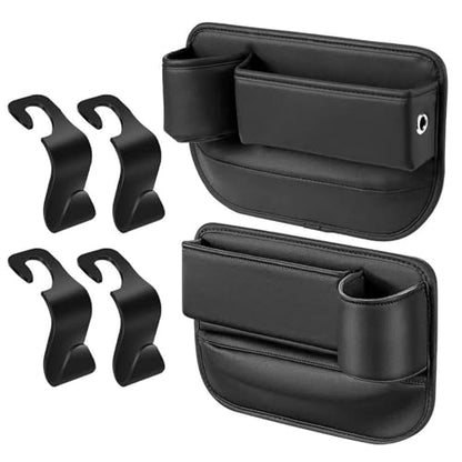 2Packs Car Seat Filler Organizer, Seat Gap Storage Box with Water Cup Holder & 4 Car-Seat Headrest Hooks, Universal fit for Most Car, for Phone, Keys, Wallet, Sunglasses and Bottles, Prevent Dropping