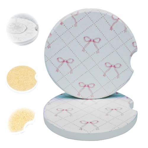 Ceramic Car Coasters, 2 Pack, 2.64" Absorbent Car Cup Holder Coasters, Cute Ceramic Car Coasters for Women, Minimalist Bow Pattern - color: Minimalist Bow