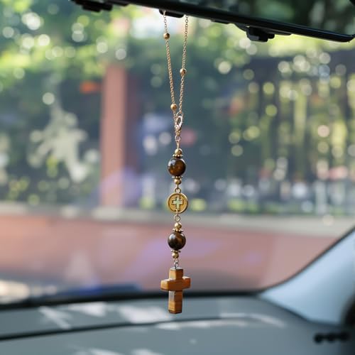 Cross Crystal Hanging Car Charm,Cute Healing Stones Car Decor for Rear View Mirror Boho Handmade Sun Catcher Ornament Accessories Tiger Eye Crystal Protection for Women