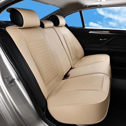 Huidasource Beige Back Seat Covers, Luxury Nappa Leather Rear Seat Cover with Velcro Adjustable, Child Seats, Ventilation Holes, Seat Belts, Car Back Seat Cover Fit for Most Cars SUV Trucks, Beige - color: R# Beige, size: Rear