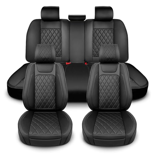 BEITK Leather Car Seat Covers Full Set,Unique Rear Design Easy to Install Car Seat Cover Protectors,Universal Full Surround Front Back Auto Seat Cover,Car Seat Cover for Sedan Cars Pick-up Trucks SUV - color: Seat Cover Full Set Black