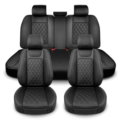 BEITK Leather Car Seat Covers Full Set,Unique Rear Design Easy to Install Car Seat Cover Protectors,Universal Full Surround Front Back Auto Seat Cover,Car Seat Cover for Sedan Cars Pick-up Trucks SUV - color: Seat Cover Full Set Black