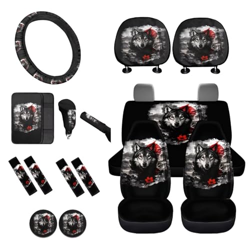 Wolf Flower Printed 16 Piece Car Interior Cover Set, Car Front Rear Seat Covers with Steering Wheel Protector Center Console Covers Seatbelt Pads Head Rest Cover Cars Coaster, Universal Fit - color: Black and Gray - Wolf Flower