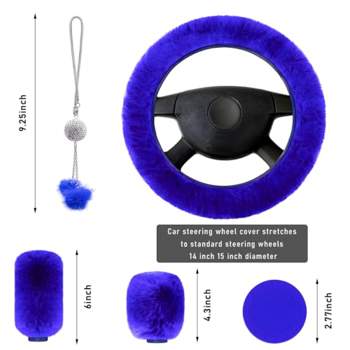 6 PCS Fluffy Steering Wheel Covers Set, 15 Inch Soft Steering Wheel Cover, Handbrake Cover & Gear Shift Cover & Cup Holder Coaster & Car Mirror Accessory, Car Accessories (Royal Blue) - color: Royal Blue