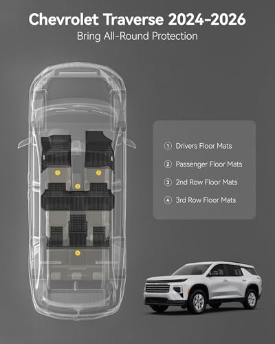 3W Floor Mats for Chevy Traverse 2024-2026 (Only 7 Seats) & GMC Acadia 2024-2026 (Only 7 Seats) & Buick Enclave 2025-2026, All Weather TPE Custom Fit Floor Liners - size: Chevy Traverse 2024-2026 Floor Mats