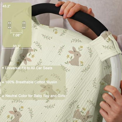 100% Muslin Cotton Car Seat Cover Baby, Carseat Canopy Cover, Universal Fit Stroller Covers for Boys and Girls (Cute Rabbit) - color: cute rabbit