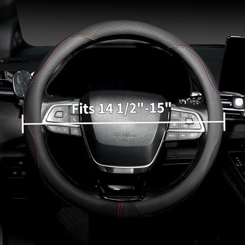 Nappa Leather Steering Wheel Cover, Universal 14.5-15 inch, Anti-Slip Breathable Leather, Sporty Style, Durable Grip Car Accessory for Men Women, Black - color: black