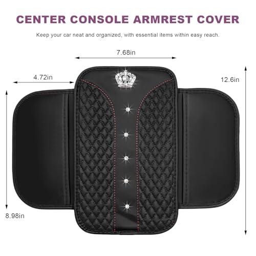 Bling Crown Car Center Console Cover, Crystal Leather Auto Armrest Box Cushion with 2 Storage Bags, Universal Crown Middle Console Cover Arm Rest Protector for Most Vehicles (Black) - color: Black