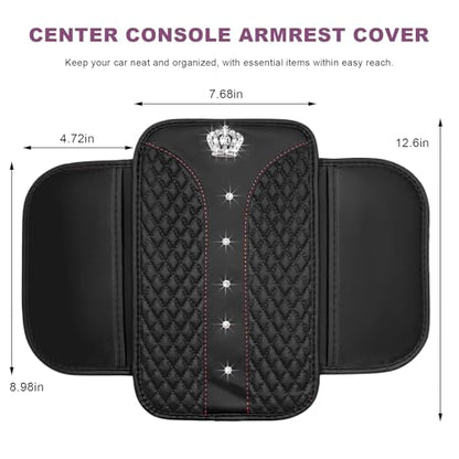Bling Crown Car Center Console Cover, Crystal Leather Auto Armrest Box Cushion with 2 Storage Bags, Universal Crown Middle Console Cover Arm Rest Protector for Most Vehicles (Black) - color: Black