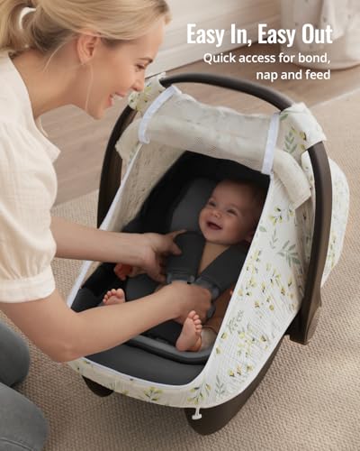Blissful Diary Baby Car Seat Cover, Extra Large Mesh Window, Breathable Muslin Cotton, Infant Windproof Canopy, Must-Have Baby Gift - Botanical Leaf - color: Botanical Leaf
