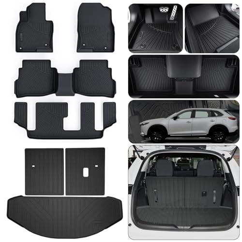 Floor Mats & Trunk Mat (Only Fit Sport Version) for 2016-2022 2023 Mazda CX-9 CX9 (7 Seats-2 Row Bench Seat),TPE All Weather Protection Floor Liners & Cargo Liners & Backrest Mat - size: 2016-2023 CX9 mats-7 Seats-Sport