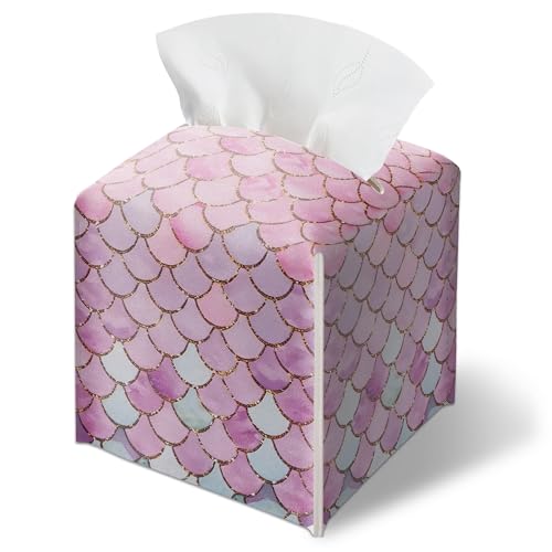 Mermaid Scales Pink Tissue Box Cover, Square Leather Tissue Box Cover Holder Facial Paper Organizer, Decorative Facial Paper Organizer for Bathroom, Home Office Car Decorations - color: Purple