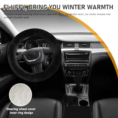 6 PCS Fluffy Steering Wheel Covers Set, 15'' Furry Car Wheel Cover, Soft Gear Shift & Handbrake Cover, Center Console & Seat Belt Shoulder Pads for Women, Car Accessories (Black)
