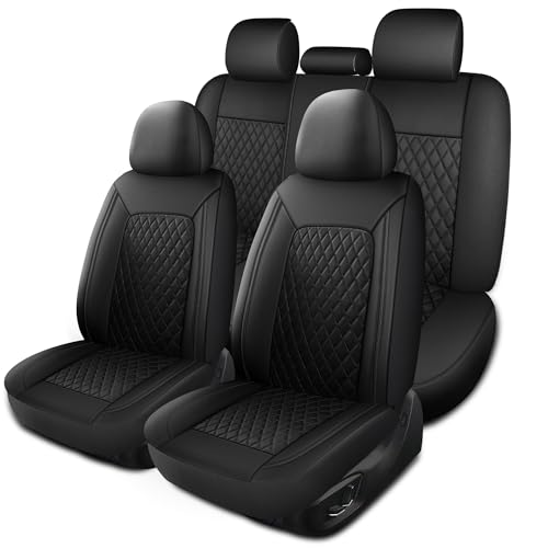 HChengkikz Leather Car Seat Covers, Breathable and Waterproof Seat Cover Full Set, PU Premium Universal Fit Automotive Airbag Compatible for Cars Sedans SUVs Vans and Trucks (Full Seat, Black) - color: N1 Black, size: Full Set