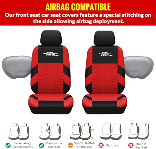 AUTOYOUTH Red Seat Covers Front Seats Only, 3D Tyre Embossed Breathable Bucket Covers, Airbag Compatible, Quick Setup Universal Fit for Sedan, SUV, Truck, Van - color: Red, size: Front Seats Only (4 pieces)