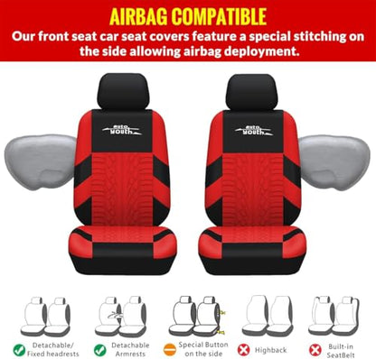 AUTOYOUTH Red Seat Covers Front Seats Only, 3D Tyre Embossed Breathable Bucket Covers, Airbag Compatible, Quick Setup Universal Fit for Sedan, SUV, Truck, Van - color: Red, size: Front Seats Only (4 pieces)