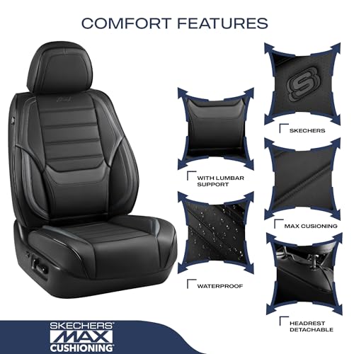 Skechers MAX Cushioning Seat Covers,Memory Foam Leather Car Seat Covers,Waterproof Car Seat Protector Front Seats,Car Seat Cushion Airbag Automotive Universal Fit for Most Cars,Vans,Trucks,SUV,Black