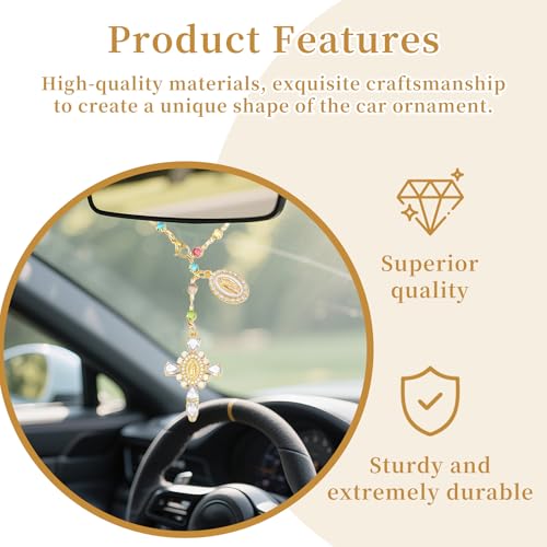 Virgen De Guadalupe Car Charm - Steering Wheel Accessory & Rearview Mirror Hanging, Cross Pendant Automotive Protection Decor - color: Gold-white