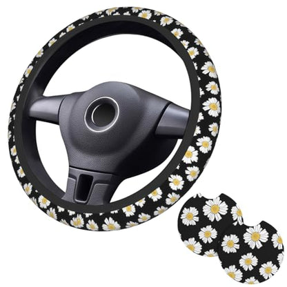 Beautiful Daisy Steering Wheel Cover - Cute White Daisy Steering Wheel Covers Car Cup Holder Pad 2 Pack Accessories Universal 15 Inch Auto Anti-Slip Car Wheel Protector - color: Daisies