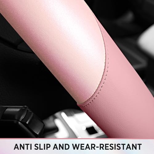 Road Comforts Steering Wheel Cover – Breathable Leather Steering Wheel Cover, Anti-Slip Grip, Universal Fit 14.5” to 15”, Heat & Cold Resistant for Cars, SUVs, and Trucks – Shining Pink & Pink - color: Pink&Pink