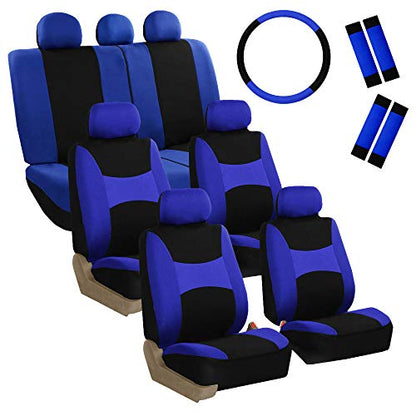 FH Group Light & Breezy Cloth Car Seat Covers, 7 Seater Three Row Set- Airbag & Split Ready -Universal for Cars Trucks and SUVs Blue/Black - color: Blue