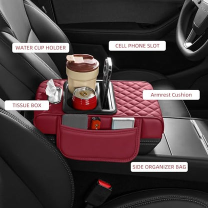 5 in 1 Car Center Console Cover, Armrest Pad with 2 Storage Pockets, Cup Holder, Tissue Slot, Phone Holder, Nappa Leather Memory Foam Car Accessories for SUV Sedan Truck (Burgundy)