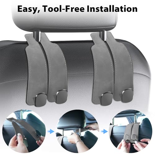 Headrest Hooks for Car, Purse Hook for Car, Premium Leather Twin Hook Car Seat Hooks, Double Hook Seat Back Storage Organizer for Purses, Bags, SUV, Truck, Vehicle, 2 Pack, Grey - color: Gray