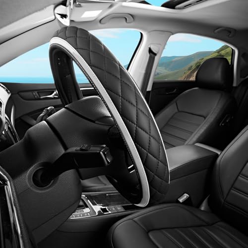 Road Comforts Leather Steering Wheel Cover – Black & Silver, Universal Fit 14.5-15 Inch, Microfiber Leather, Anti-Slip & Breathable Design for Men and Women - color: Silver
