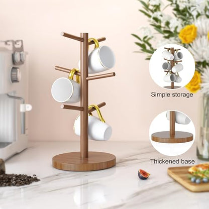 Wisuce Bamboo Coffee Mug Holder Tree, Thicker Base Coffee Cup Holder Stand for Counter, Countertop Mug Rack Organizer with 6 Hooks (Brown - color: Brown