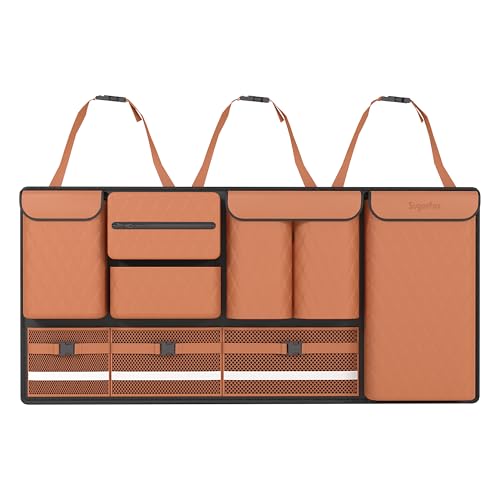 Backseat Hanging Organizer with Large Storage Bags | PU Leather, Large Capacity | Adjustable Straps, Waterproof & Collapsible | Universal Fit for SUVs, Sedans & Trucks | Brown, 37.8" x 18.1" - P810 - color: Leather-Brown