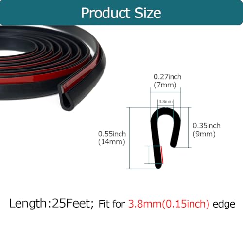 Rubber Edge Trim Black, U Channel Rubber Seal Strip with Self-Adhesive Tape, Fit for 0.15" Edge, 25Ft - color: Black, size: 25Feet