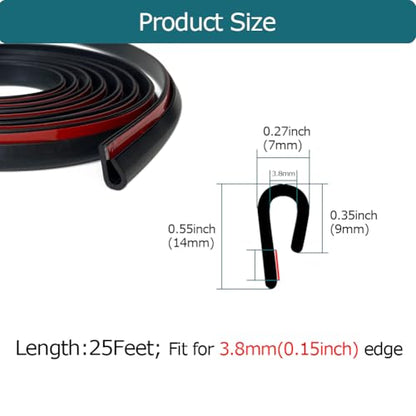 Rubber Edge Trim Black, U Channel Rubber Seal Strip with Self-Adhesive Tape, Fit for 0.15" Edge, 25Ft - color: Black, size: 25Feet