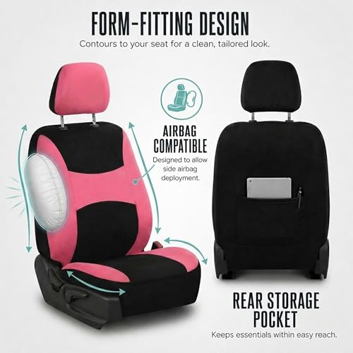 FH Group Full Set Cloth Car Seat Covers, Universal Fit combo, Low Back Front Seat Covers, Airbag Compatible, Split Bench Rear Seat, Washable Seat Cover for SUV, Sedan, Van, Pink - color: Pink